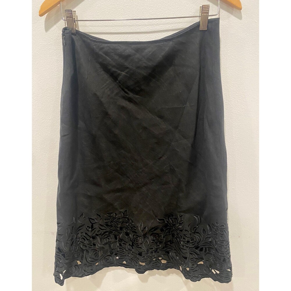 Lafayette 148 Women's Linen Black A Line Lagenlook Skirt with Lace Hem Size 10